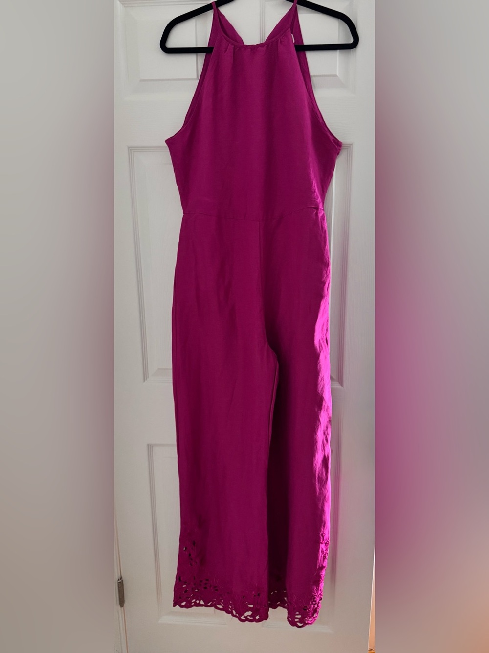 Anthropologie Fuchsia Halter Wide-Leg Jumpsuit with Lace Trim - Picture 6 of 11